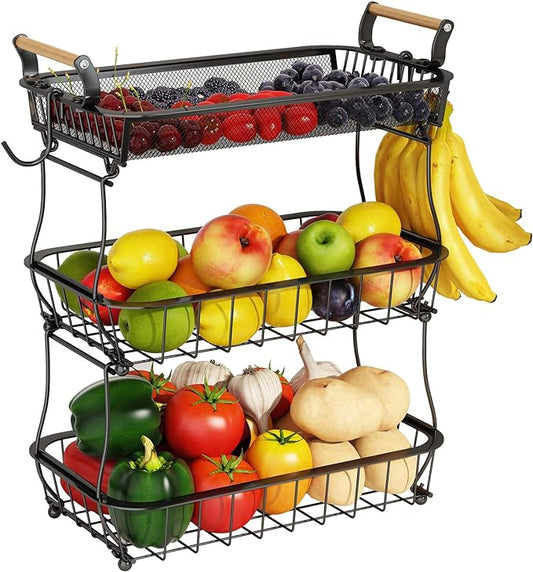 ANTOPY 3 Tier Fruit Basket with 2 Banana Hangers, Countertop Fruit Vegetable Basket Bowl for Kitchen Counter Metal Mesh Basket Fruits Stand Produce Holder Organizer for Onion Potato Bread Snack Veggie