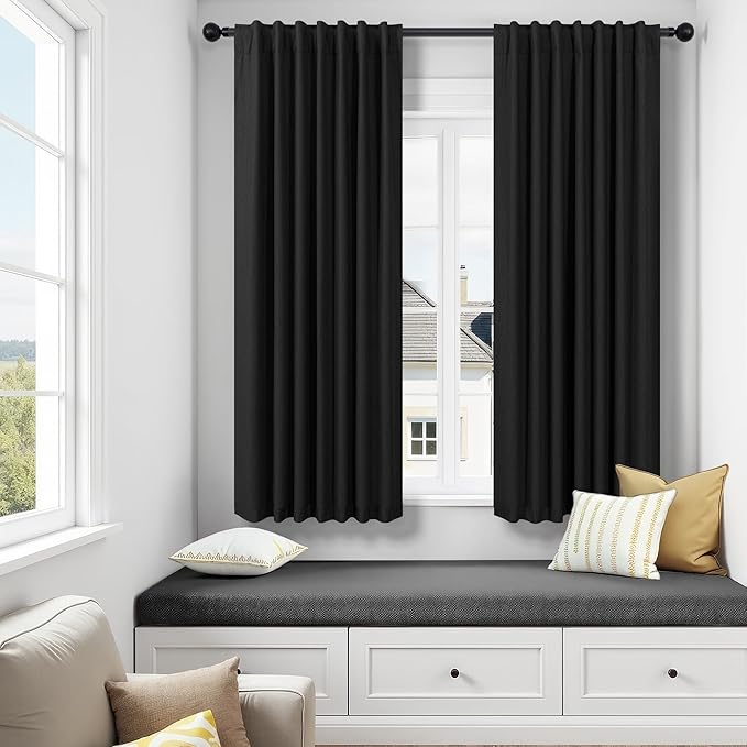 54 Inch Curtains Length 2 Panels Set 100% Blackout Modern Black Out Linen Drapes with White Back Tab Room Darkening Insulated Thermal Short Sundown Solar Curtains for Bedroom Noise Reducing Reduction