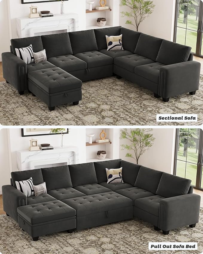 Belffin Modular Sectional Sleeper Sofa with Pull Out Bed U Shaped Sectional Sofa Couch with Storage Ottoman Velvet Covertible 7-Seater Sofa for Living Room Grey