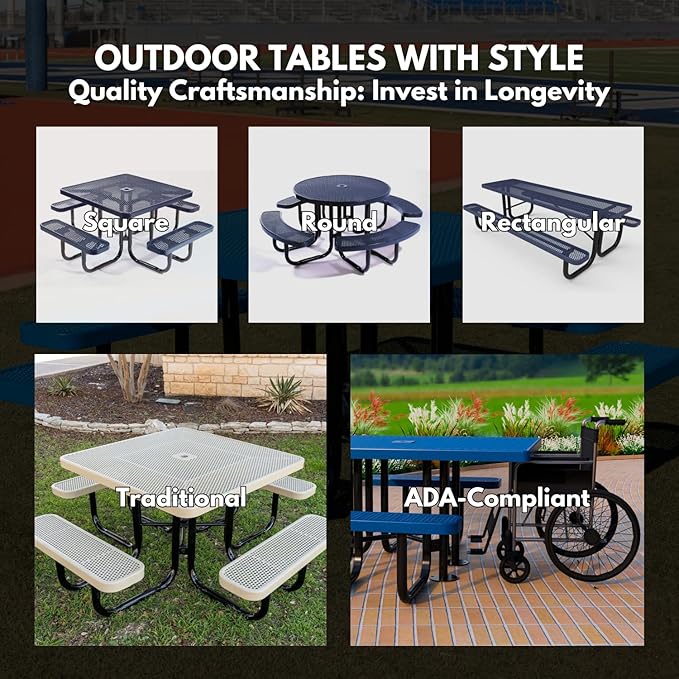 Heavy-Duty Portable Outdoor Picnic Table with Umbrella Hole, Punched Steel Commercial-Grade Patio Dining Furniture Made in America (46" Round Top, Burgundy)