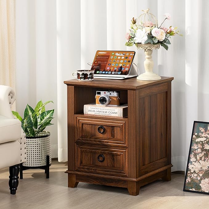 18" Farmhouse Night Stands Set of 2 with Charging Station, 2 Drawers End Table Dresser for Bedroom, Brown Wooden Nightstand, Bed Side Table with Open Shelf, Bedside Cabinet for Living Room