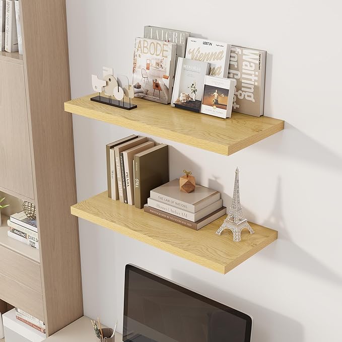 30" Floating Shelves for Wall, 12" Deep Slim Oak Floating Shelves, Wall-Mounted Shelves for Bedroom, Living Room, Kitchen, Bathroom - Set of 2