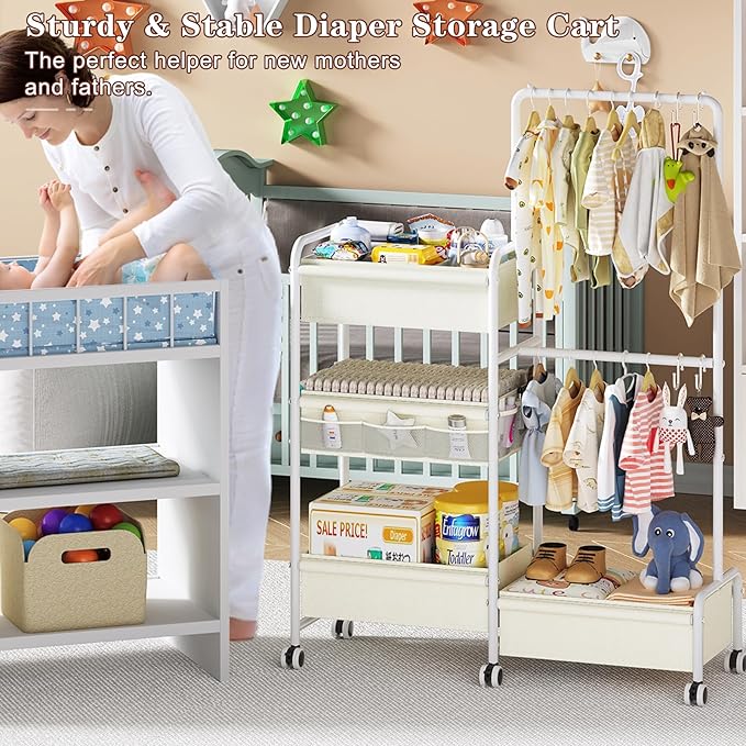 2in1 Baby Diaper Caddy & Clothes Organizer and Storage Rolling Cart, Large Capacity Nursery Organization For Baby Dresser,Changing Table, Crib, With 2 Dividers & 7 Pockets,White