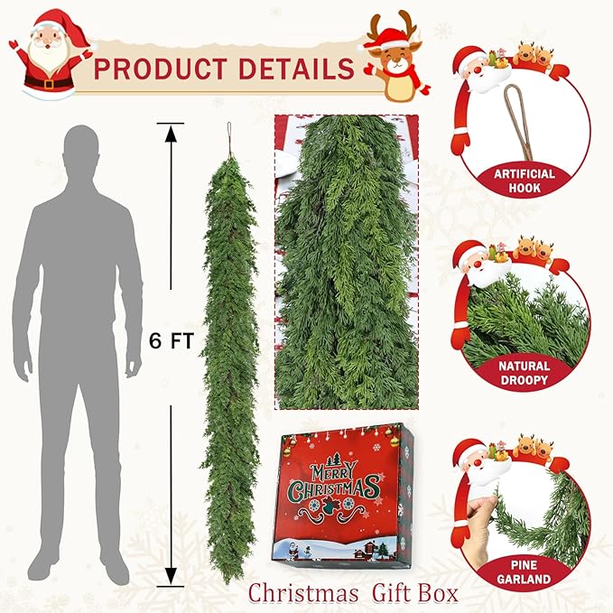 6 Ft Real Touch Christmas Garland,Thick and Lush，Soft Bendable, Lifelike Cedar Garland Realistic, Garlands for Decoration Christmas，Christmas Garland for Mantle,Outdoor Indoor Christmas Decorations