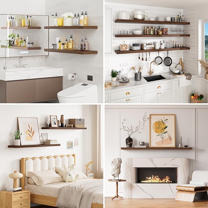 Heimlove 32 Inch Floating Shelves for Wall,Walnut 9.3" Deep Floating Shelf Set of 2,Wall Mounted Shelves for Bathroom Bedroom Living Room Kitchen Office,Shelf for Books Storage Room,Home Decor