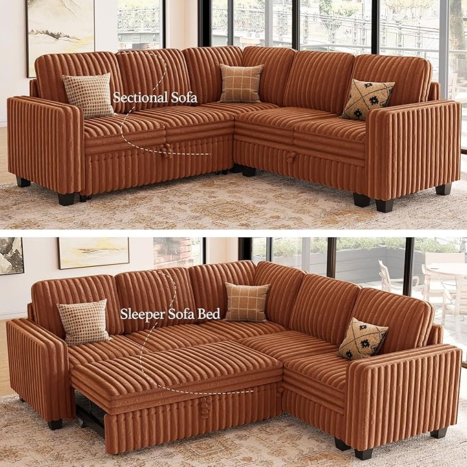 Belffin Plush Corduroy Modular Sectional Sofa with Pull Out Bed Convertible Small Sectional Corner Couch for Living Room Brick Red Couch