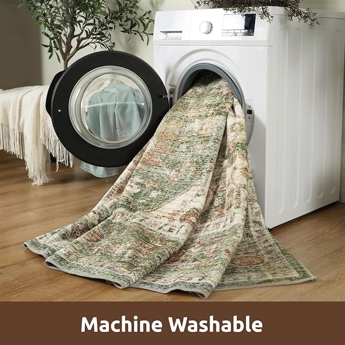 AMOAMI-2X6 Runner Rug-Washable Runners for Hallways-Soft Non Slip Bedside Rugs for Bedroom-Vintage Long Rug for Hallways Entryway Laundry Room Stair Kitchen Bathroom Olive Green