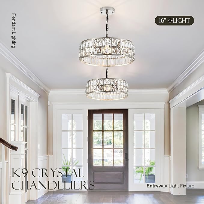 16” 4-Light Modern Crystal Chandeliers Nickel Dinning Room Light Fixture, Round Pendant Light Kitchen Island Chandelier, Flush Mount Ceiling Light for Living Room Entryway Bedroom Foyer