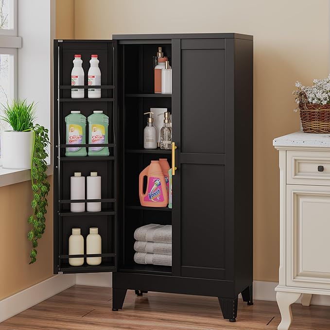51" Metal Kitchen Pantry Cabinet, Storage Cabinets with 2 Door and 3 Adjustable Shelves, Black Freestanding Food Storage Cabinet, Steel Cupboard for Kitchen Dinning Room