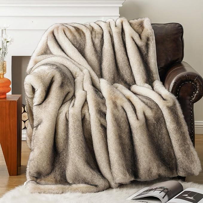 BATTILO HOME Luxury Fluffy Faux Fur Throw Blanket, Cozy Soft Warm Fur Blanket for Couch, Sofa, Chair, Bed, Plush Fuzzy Fur Throws with Long Pile & Brushed Tips, 50"x60"