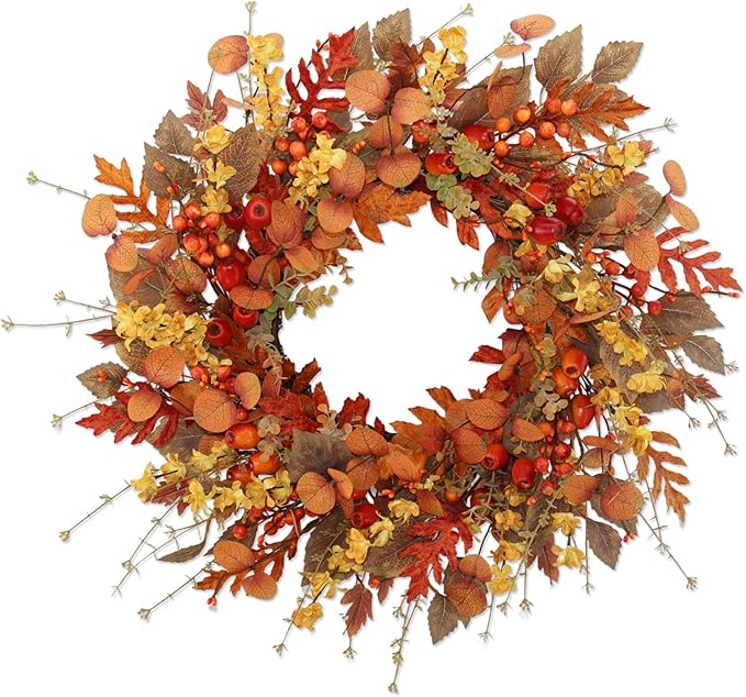 22 inch Artificial Fall Wreaths for Front Door,Autumn Wreath with Large red Berries and Fall Leaves Suitable for Indoor Outdoor Wall Porch Harvest Festival Thanksgiving Day Farmhouse Holiday Decor.