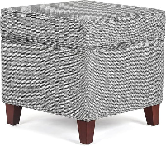 Adeco 17" Square Ottoman with Storage, Small Blue Storage Ottoman Foot Rest with Hinged Lid & Solid Wood Legs, Linen Fabric Foot Stool for Living Room & Bedroom