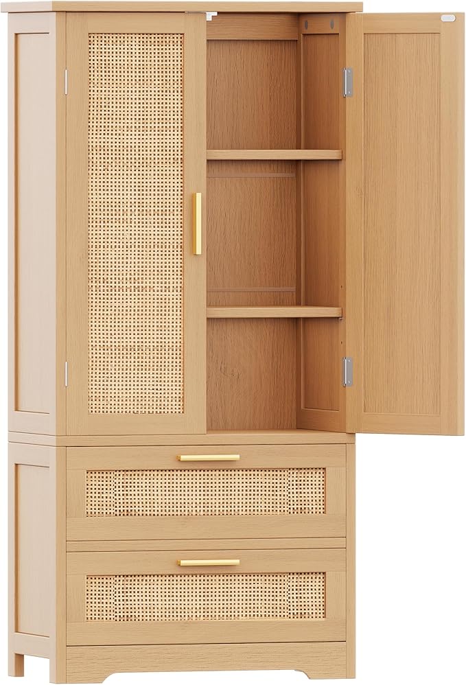 50.4" H Bathroom Storage Cabinet, Modern Floor Cabinet with Adjustable Shelf, Small Pantry with 2 Doors & Drawers, Storage Cabinet for Bathroom, Living Room, Kitchen, Natural KES007MCWG