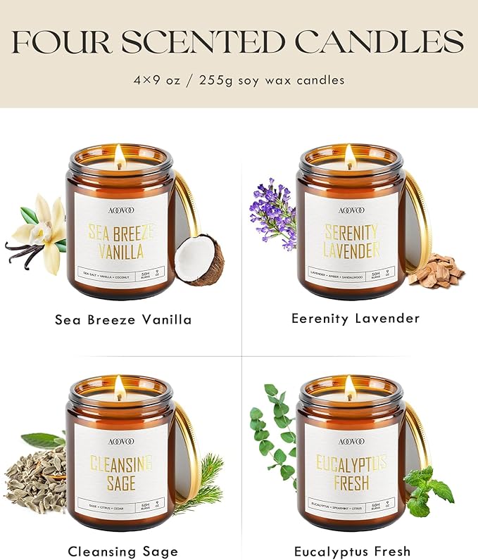 AOOVOO Scented Candles - 4PC Candle Set, 36 oz Soy Candles, Soy Candle for Home Scented, Lavender/Vanilla/Eucalyptus/Sage