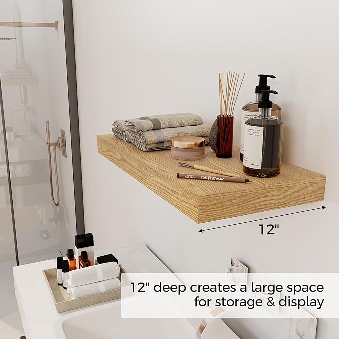 12 Inch Deep Floating Shelves, 24 x 12 Floating Shelf for Books, Rustic Wood Deep Wall Shelves for Home Storage & Display, 2" Thicked Shelves for Kitchen, Living Room, Bedroom, Oak Color, 1 Pack