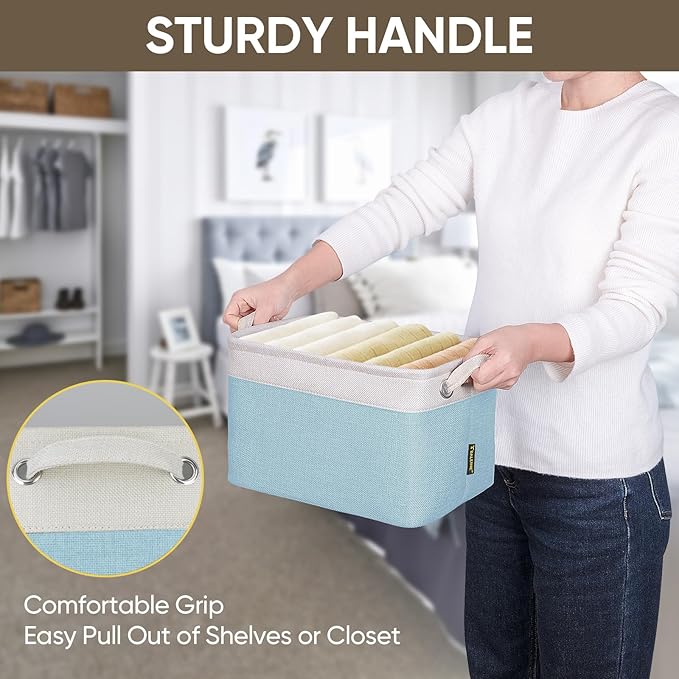 BALEINE 4 Pack Fabric Storage Bins for Shelves, Linen Storage Baskets for Organizing, Decorative Closet Bins for Clothes, Home (Skyblue, 12"x8"x8")