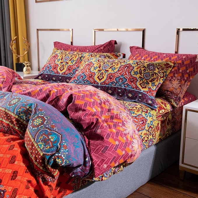ABREEZE Bohemian Duvet Cover Set Colorful Orange Boho Retro Bedding Set Damask Paisley Cotton Duvet Cover Tribal Reversible Bedding Exotic Style Comforter Cover 3-Piece King