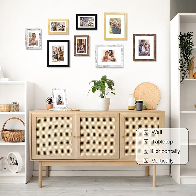 5x7 Picture Frame Set of 4, 5 x 7 Wood Photo Frames with Mat for 4x6, Rustic Natural Wooden Frame with Real Glass Cover for Wall and Tabletop Display,Distressed White