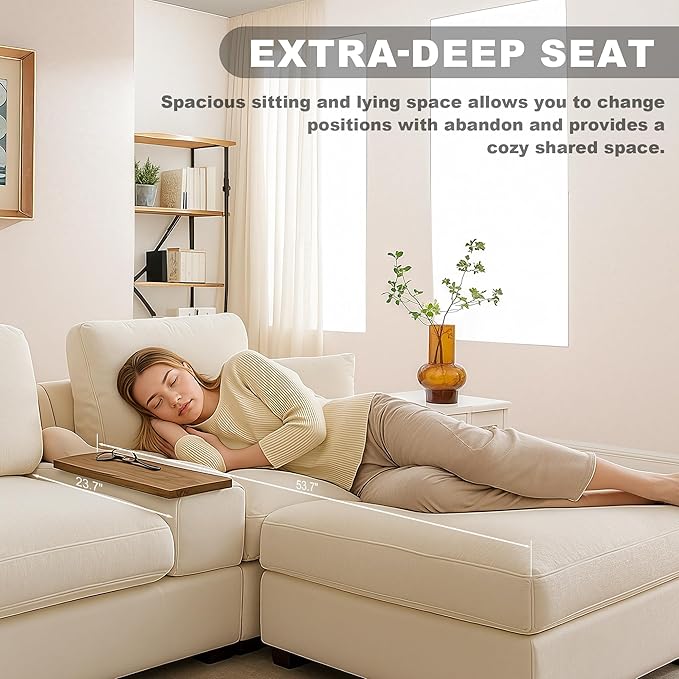 120.3" Modern L-Shaped Sectional Sofa with 360°Swivel Drop-Down Table, Storage Armrest, USB Ports & Movable Storage Ottoman – Plush Linen Cloud Couch for Lounge (Beige)