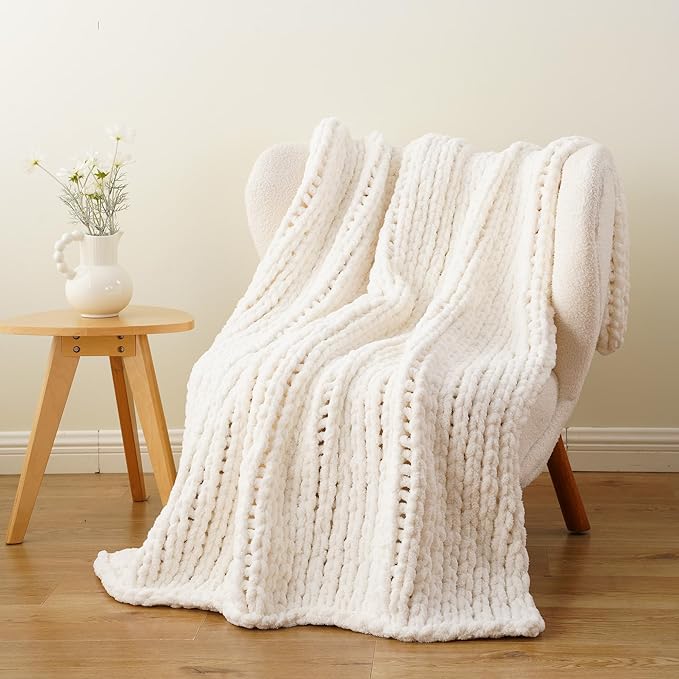 Battilo Chunky Knit Throw Blanket, Soft and Thick Chenille Throw Blanket, 50"x60" Handmade Cable Knit Crochet Blanket, Large Rope Knot Throw Blankets for Couch Sofa Bed Home Decor, Cream