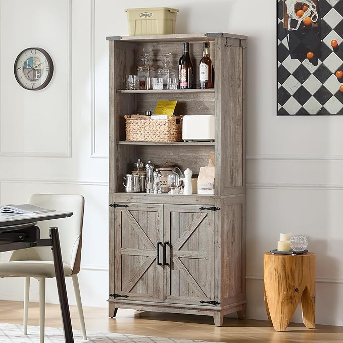 5 Tier Bookshelf 70in Tall Bookcase with Barn Doors and Storage Cabinet, Grey Farmhouse Book Shelf with Adjustable Shelves, Wood Freestanding Display Bookshelves for Bedroom, Kitchen (3PCS)