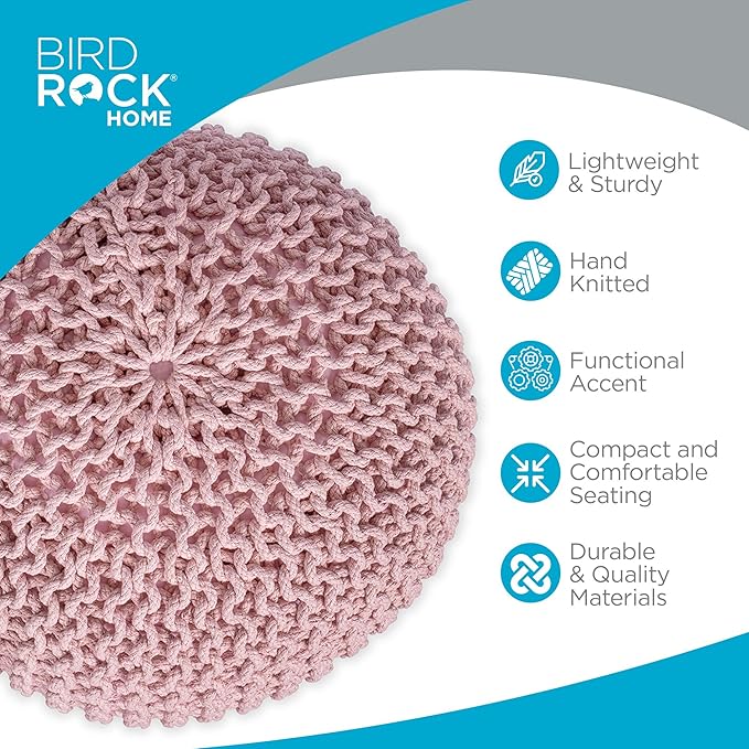BIRDROCK HOME Round Pouf Ottoman | Cotton Braided Foot Stool with Bean Bag Filling | Boho Foot Rest for Living Room & Bedroom | Compact & Comfortable Seating, Lightweight & Soft | Dusty Rose