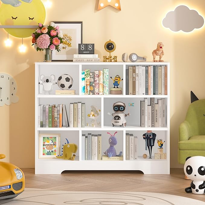 Book Shelf, 8 Cubes Storage Organizer, 3-Tier Open Shelf Wooden Bookcase, Freestanding White Bookshelf Cube Shelf for Bedroom, Living Room, Home Office