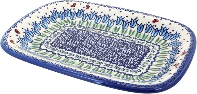 Blue Rose Polish Pottery Garden Tulip Small Rectangular Serving Platter