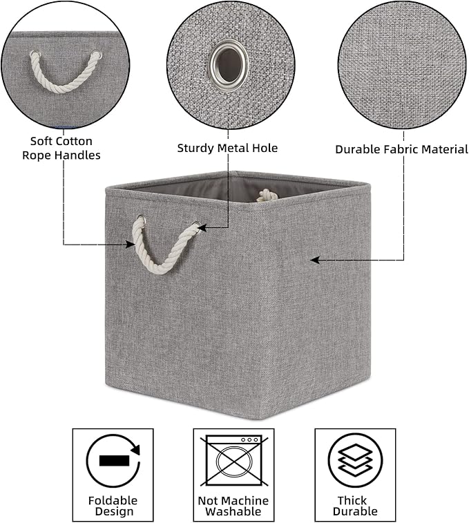Bidtakay Grey Baskets Foldable Storage Cube Bins 13x13x13 Cube Storage Organizer Closet Set of 3 Fabric Storage Baskets for Home Office Large Baskets for Nursery Baby Toy Storage