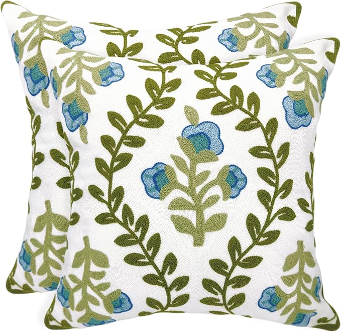 Alysheer Floral Embroidered Summer Decorative Throw Pillow Covers 18"x 18" Set of 2, Farmhouse Blue Flowers Green Vines Patterned Cotton Cushion Cases for Couch Bed Living Room Cottage Decor