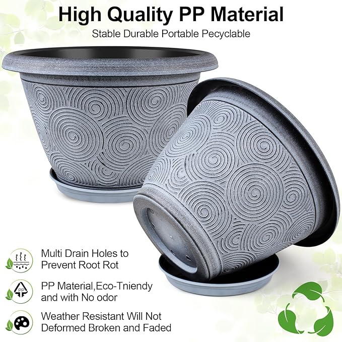 12 Inch Large Planter Pot for Plants Indoor Outdoor, 4 Pack Plastic Flower Pots with Drainage Hole & Tray, Modern Decorative Garden Pot with Saucer, Plant Container for House