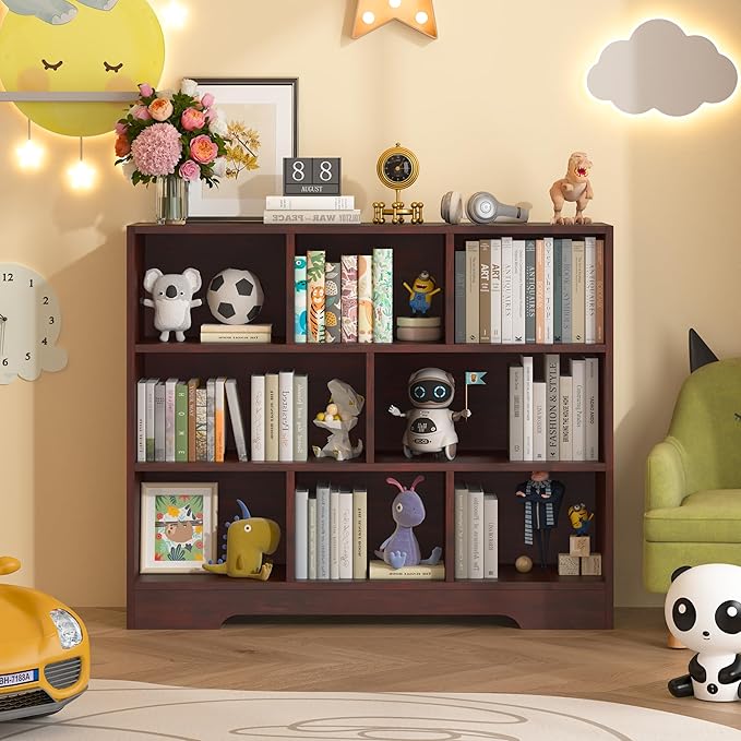 Book Shelf Set of 2, 8 Cubes Storage Organizer, 3-Tier Open Shelf Wooden Bookcase, Freestanding Cherry Bookshelf Cube Shelf for Bedroom, Living Room, Home Office