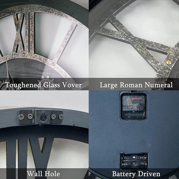 30 Inch Industrial Steampunk Wall Clock, Oversized Solid Wood Frame, Battery Operated, Large Wall Clock with Real Rotating Gears, Black