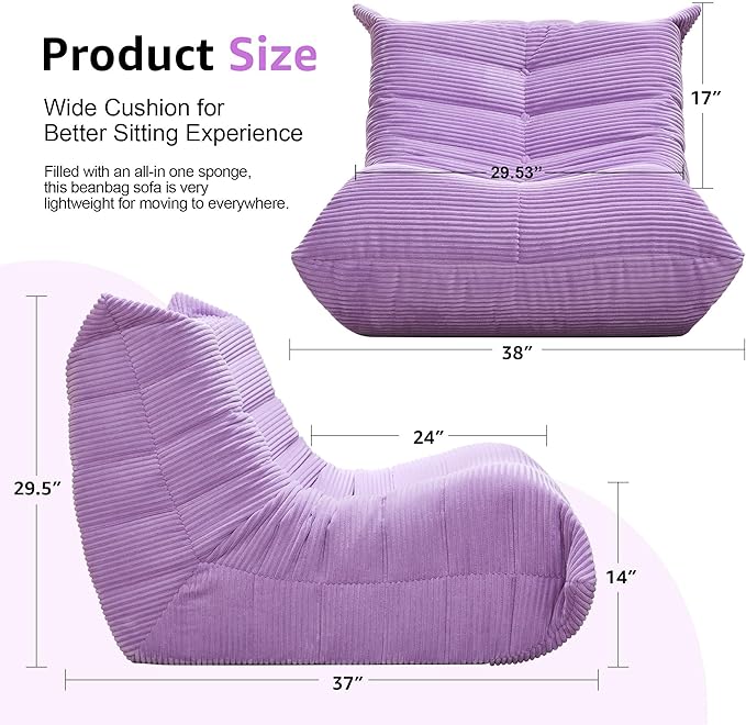 Bean Bag Chairs for Adults Giant Bean Bag Chair Memory Foam BeanBag Chair Big Bean Bag Sofa with Filler Faux Fur Fireside Beanbags Lazy Sofa for Living Room Bedroom Dorm Office (Purple Corduroy)