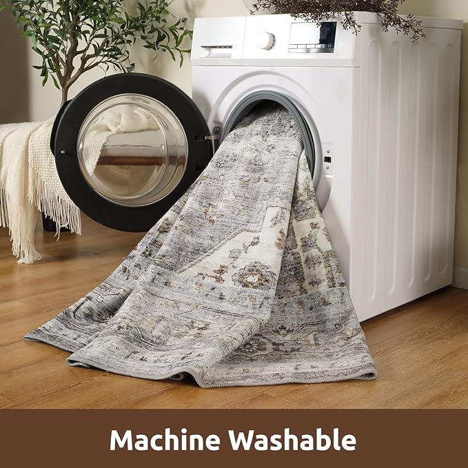 AMOAMI-2X6 Runner Rug-Washable Runners for Hallways-Soft Non Slip Bedside Rugs for Bedroom-Vintage Long Rug for Hallways Entryway Laundry Room Stair Kitchen Bathroom Grey