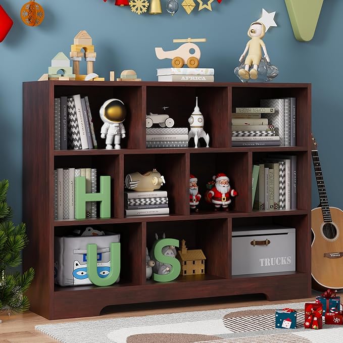 Book Shelf, 10 Cubes Storage Organizer, 3-Tier Open Shelf Wooden Bookcase, Freestanding Cherry Bookshelf Cube Shelf for Living Room