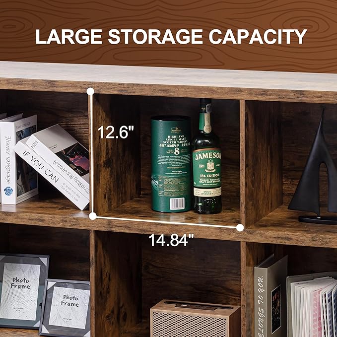 8 Cube Storage Organizer Bookshelf, Industrial Horizontal Bookcase, Accent Cubby Shelf, Media Console Table for Living Room, Home and Office, 63 Inches, Rustic Brown