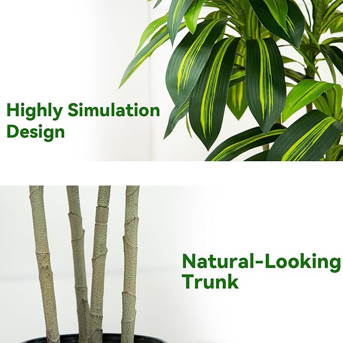 Artificial Dracaena Tree Artificial Silk Tree Faux Tree Fake Tropical Yucca Floor Plant with White Tall Planter (1, White Tall Planter, 6FT)