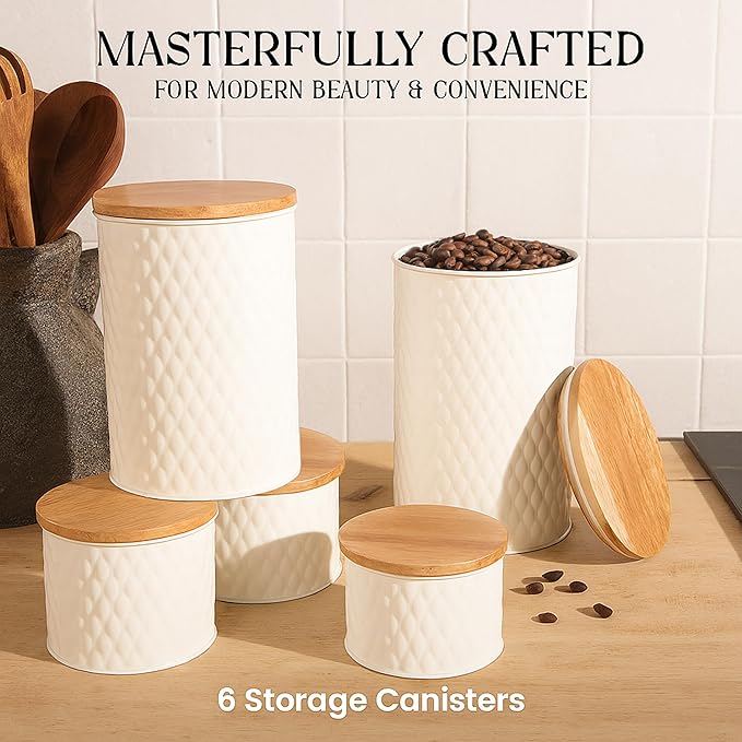 6 Canister Set for the Kitchen Countertop – Metal Food Storage Canisters with Airtight Lids for Flour, Tea, Crafts, Coffee, & Sugar – Container Set with Modern Wood Lids, White