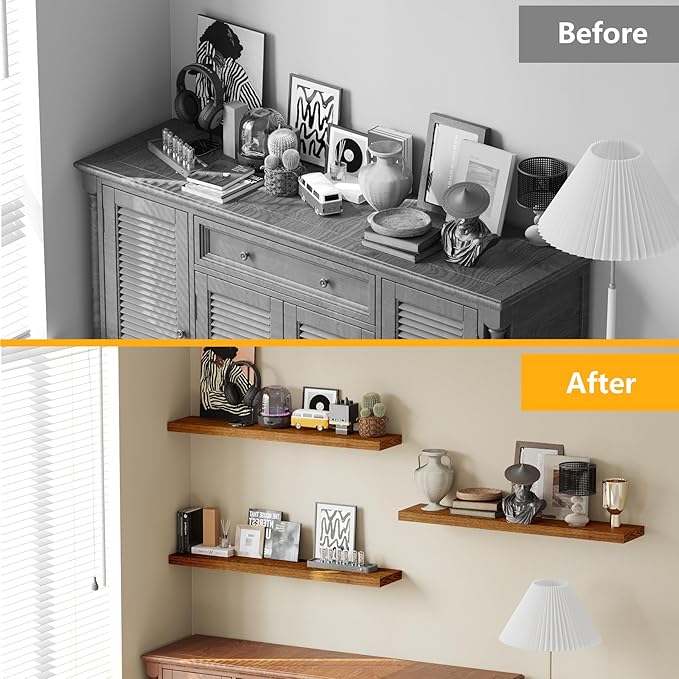 BAMEOS Floating Shelves, American Oak Wall Mounted Wooden Shelves with Invisible Brackets Set of 3, Hanging Wall Shelves Decoration for Bedroom, Bathroom, Living Room and Kitchen