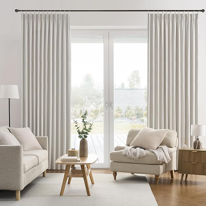 144 Inch Blackout Curtains 2 Panels Linen Textured 2 Story Extra Long Noise Reducing Curtains for Large Window Back Tab Pleated Look Rod Pocket with Hooks 50W x 144L,12 Ft Length Natural Birch/Ivory