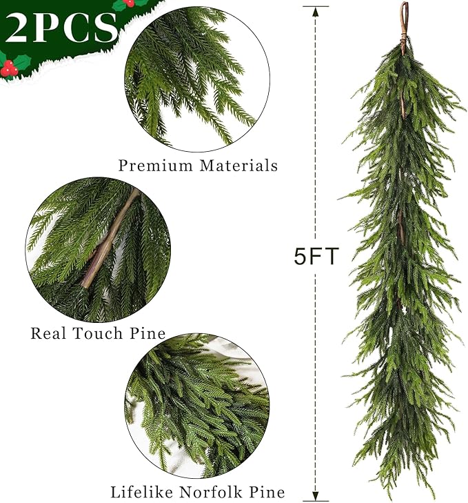 Artificial Norfolk Pine Garland - Faux Christmas Garland Fake Green Garland for Fireplace,Table, Stairs, Mantle, Window,Indoor Outdoor,Home,Holiday Decor (2 PCS,5 FT)