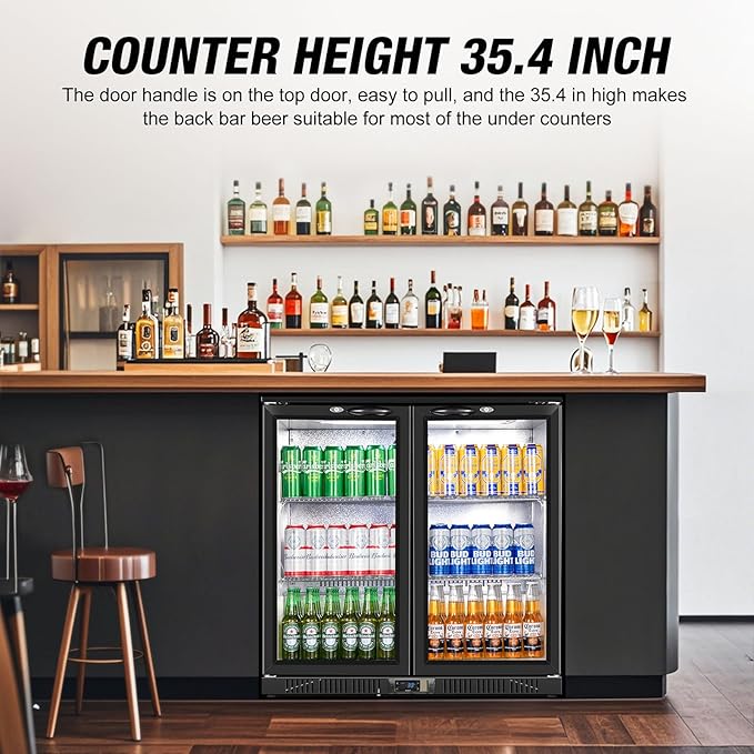 Beverage Refrigerator Under Counter, Back Bar Cooler with 2 Glass Door, Commercial Display Fridge 35.42 Inch Wide 7.4 Cu.Ft, Drink Fridge for Beer Soda Wine, Beverage Cooler for Kitchen Shop Bar