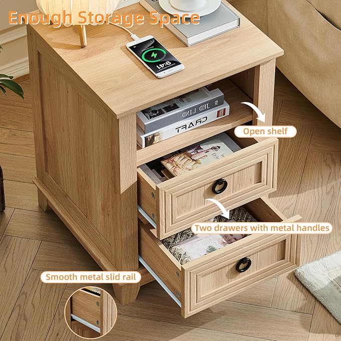 18" Farmhouse Night Stands Set of 2 with Charging Station, 2 Drawers Bedside End Table, Natural Wooden Nightstand, Bed Side Table Cabinet with Open Shelf for Bedroom Living Room Office