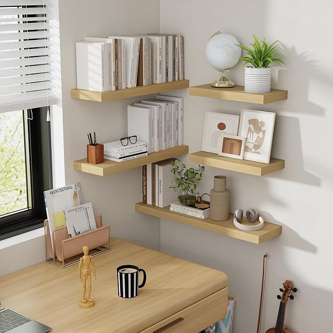 40 Inch Floating Shelves, 8 Inch Deep Floating Shelves for Wall, Hanging Shelf with Invisible Brackets, Deep Shelves for Bathroom, Bedroom, Living Room, Oak, Set of 2