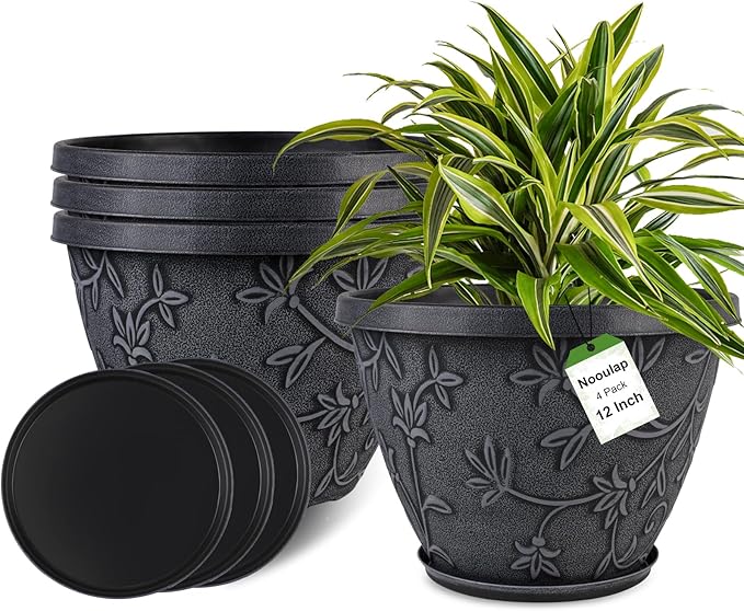 4 Pack 12 Inch Large Flower Pots for Outdoor Indoor, Plastic Plant Pots with Drainage Hole & Saucer, Modern Decorative Garden Pot, Imitation Magnolia Pots for Garden House Planters（Gray）