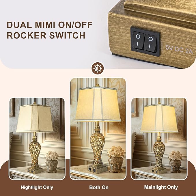 28.5'' Table Lamps Set of 2 for Living Room, Vintage Bedside Lamps with USB A+C Ports & Nightlight, Farmhouse Nightstand Lamps with Faux Silk Shade for Bedroom, Study Room, Office (LED Bulbs Included)