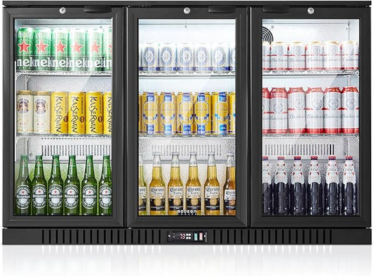 BODEGACOOLER Back Bar Cooler With 3 Glass Doors,11.4 Cu.Ft Commercial Back Bar Fridge with LED Lighting,Counter Height Bar Outdoor Beverage Cooler for Beer,Soda Drinks,Wine