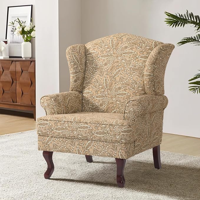 Accent Chair, High Back Upholstered Armchair with High Resilience Sponge & Wood Legs, Mid-Century Modern Comfy Single Sofa Reading Chairs for Living Room, Bedroom (Floral Light Brown, Set of 1)