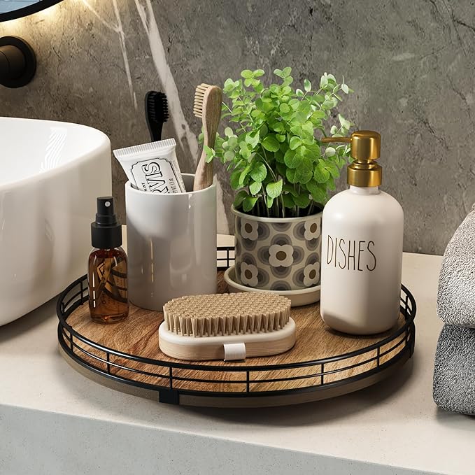 Acacia Wood 12" Lazy Susan Turntable Organizer for Table Top, Farmhouse Round Wooden Lazy Susan for Cabinet Kitchen Centerpieces Coffee Table, for Condiments Spices, Bathroom Vanity Tray Decor